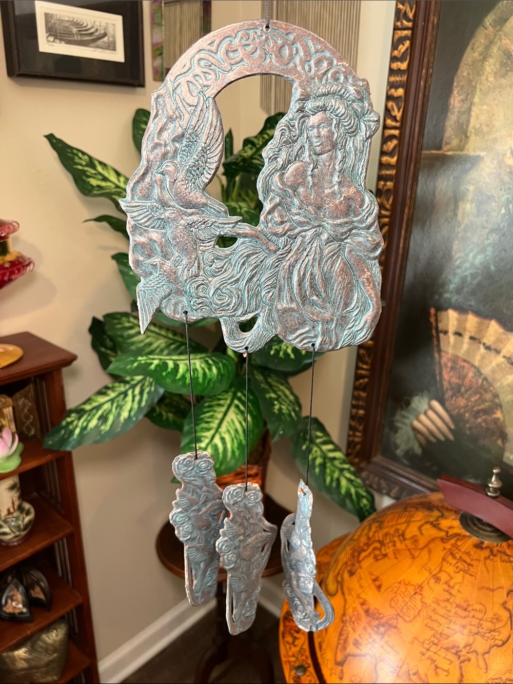 Art Nouveau Style Goddess Doves Verdigris Metal Wind Chime Wall Hanging